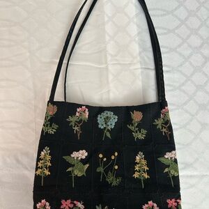 Floral Embroidered Black Tote Bag